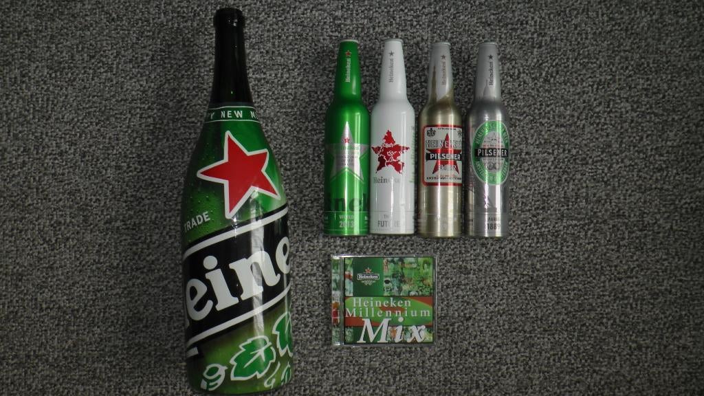 Heineken Millennium bierfles + cd + 4 aluminium flesjes., Ophalen of Verzenden, Zo goed als nieuw, Flesje(s), Heineken