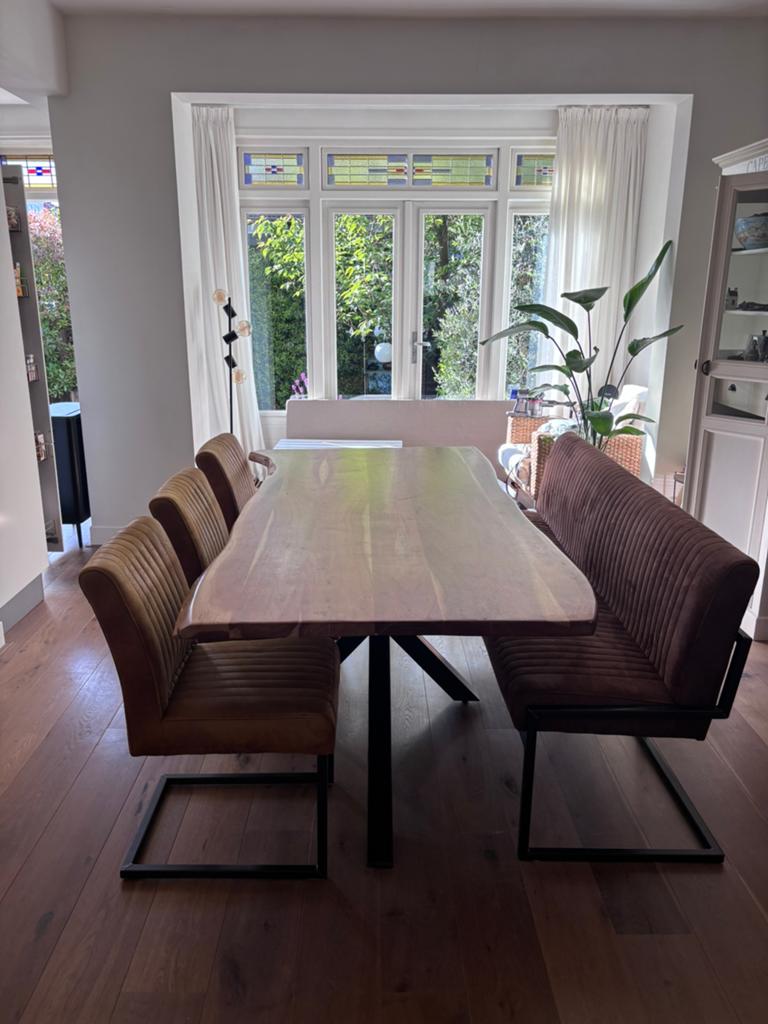 Industriele Eetkamerbank en 3 eetkamerstoelen, Huis en Inrichting, Complete eetkamers, Gebruikt, Minder dan 4 stoelen, Ophalen