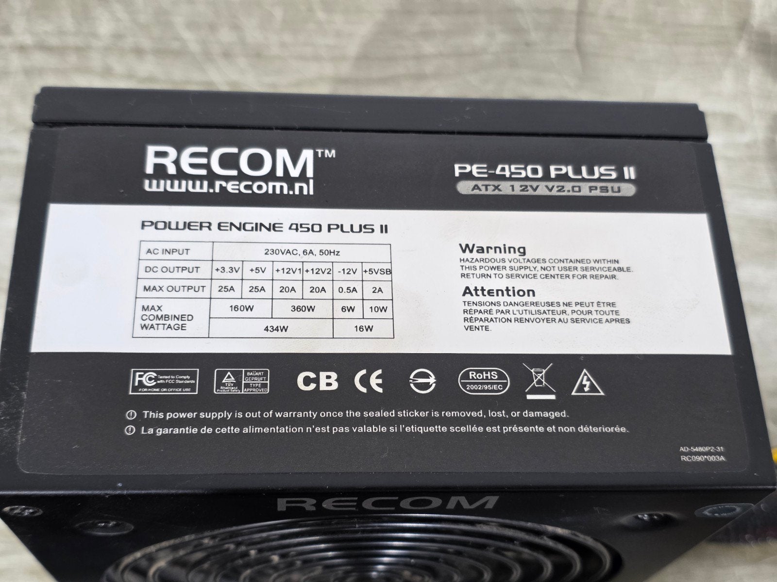 Recom 450w max voeding psu power supply pe-450plus 2, Computers en Software, Ophalen of Verzenden, Gebruikt