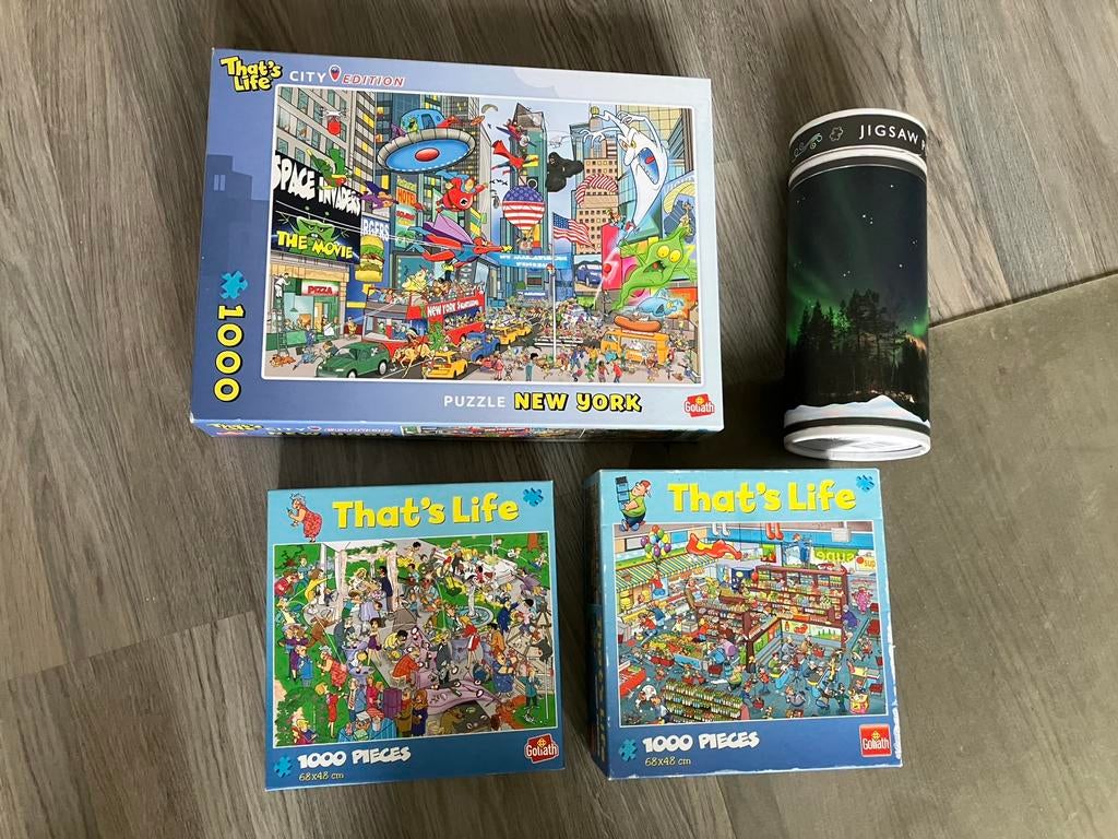 4 puzzels  1000 , 3 That’s life  en Jigsaw noorderlicht, Hobby en Vrije tijd, Ophalen of Verzenden, 500 t/m 1500 stukjes, Zo goed als nieuw