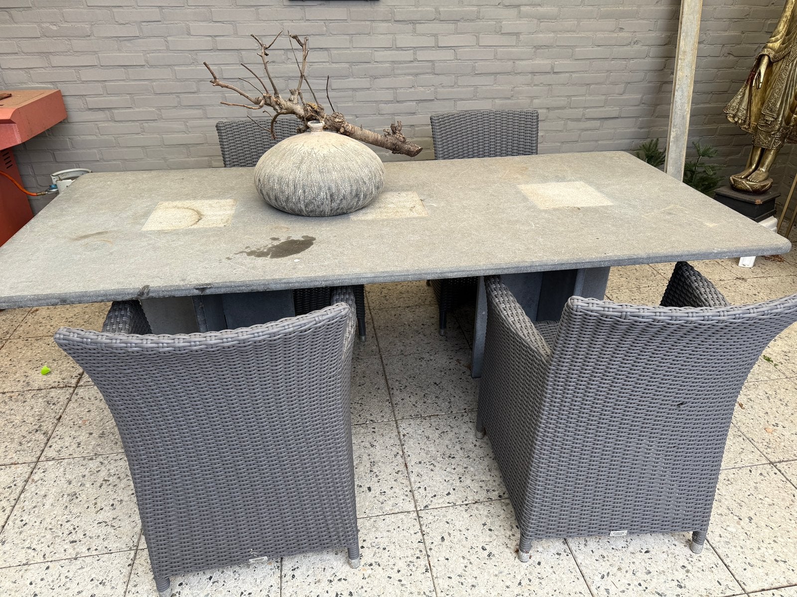Natuurstenen tafel met 4 stoelen, Tuin en Terras, Ophalen, Gebruikt, Rechthoekig, Overige materialen