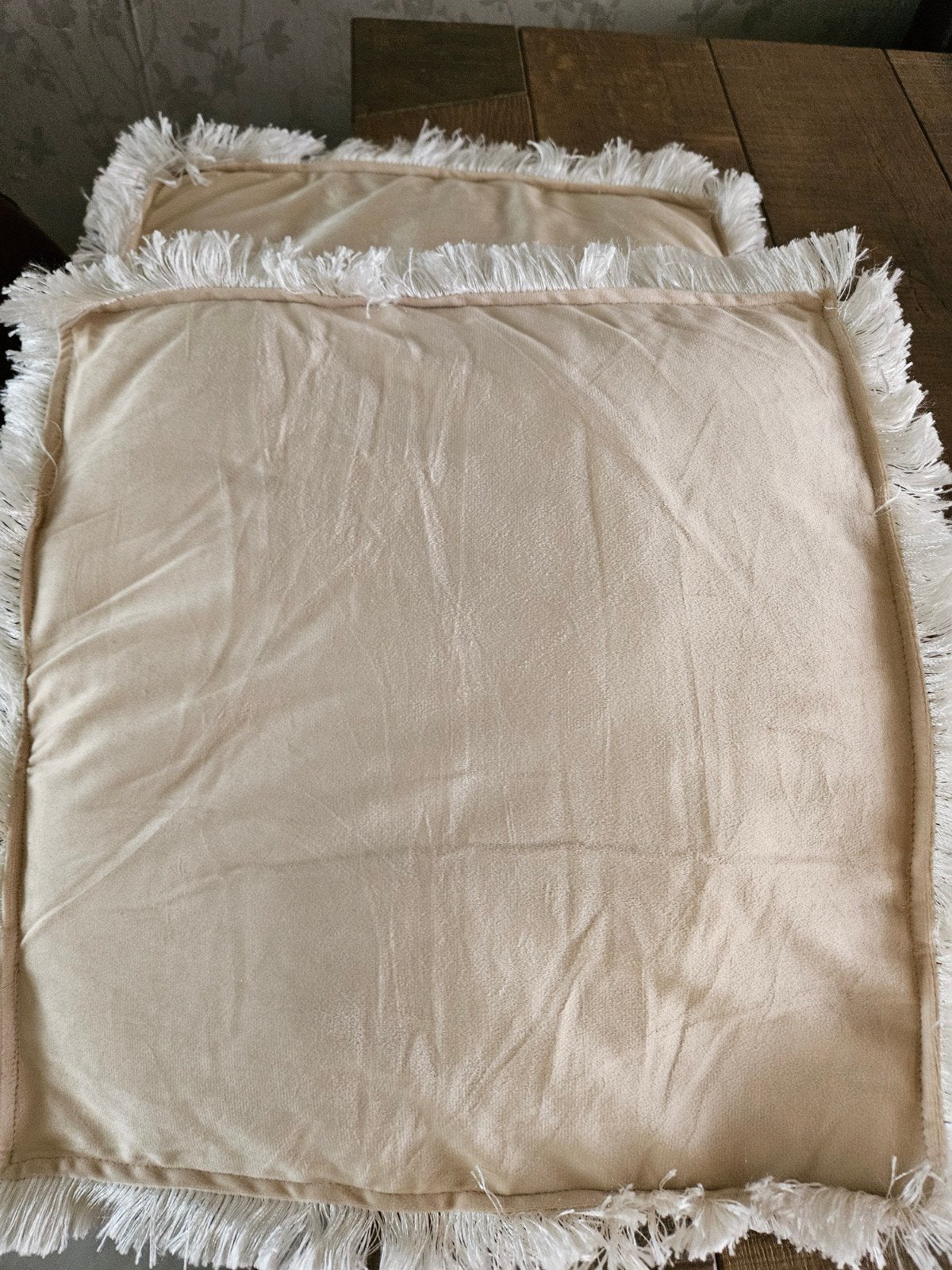 2 Nieuwe sierkussens 40x40 cm - Beige velours met franjes, Ophalen of Verzenden, Nieuw, Beige, Vierkant