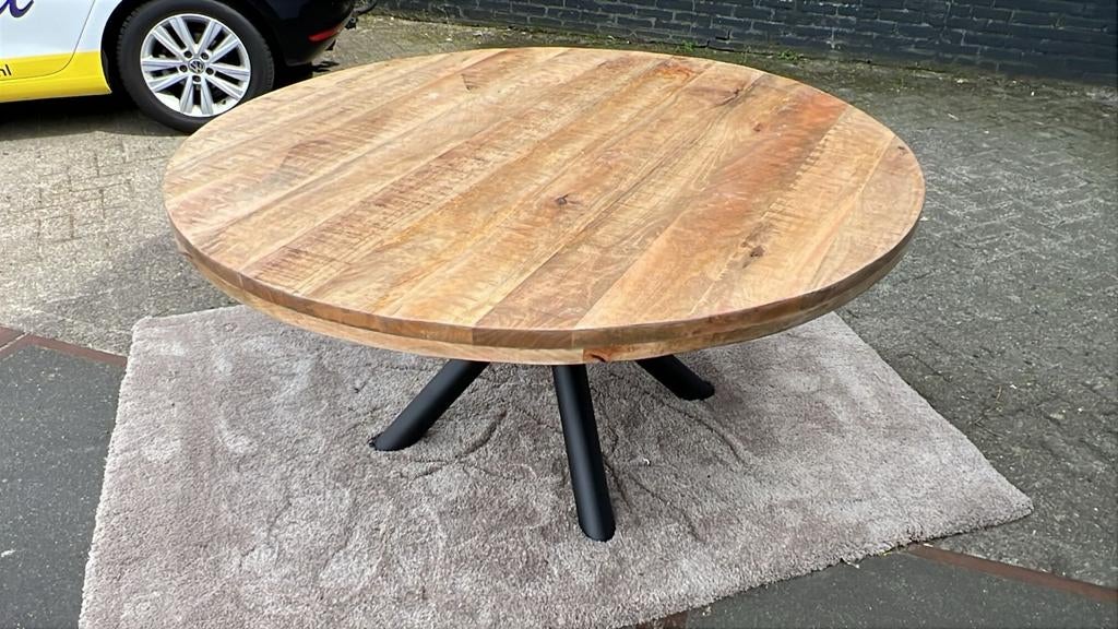 Tafel rond Mango dik blad robuust onderstel Showmodel, Ophalen, Rond, Zo goed als nieuw, Overige houtsoorten