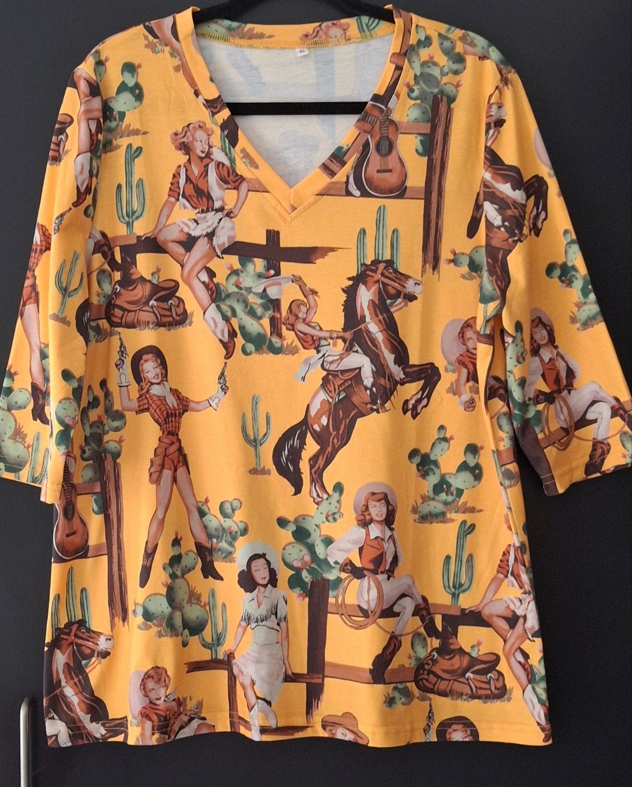 top met vintage cowgirl & cactusprint XL, Geel, Maat 46/48 (XL) of groter, Ophalen of Verzenden, Zo goed als nieuw