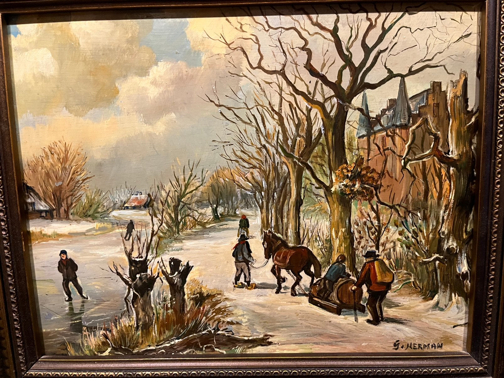 Antiek olieverf winter in dorp schilderij, Ophalen
