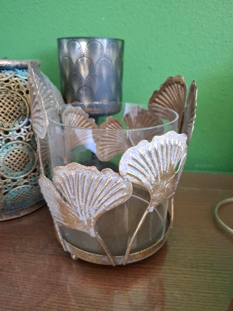Glazen windlicht met gouden bladeren, Ophalen, Overige materialen, Minder dan 25 cm