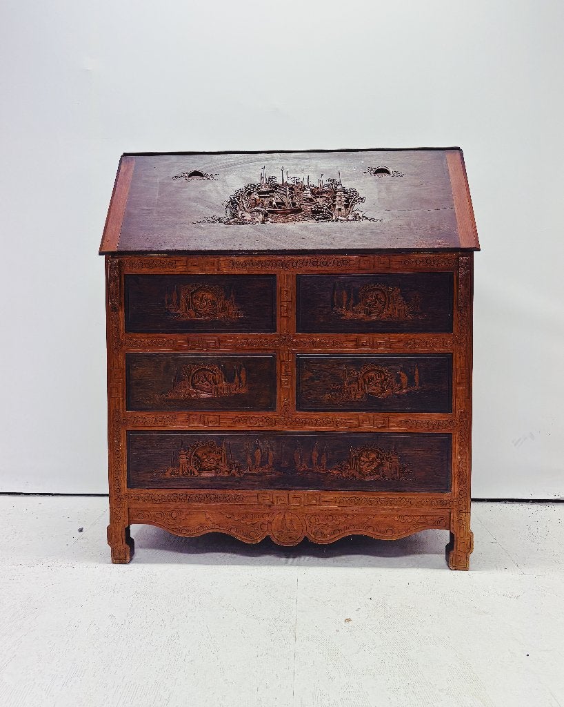 Chinese secretaire kast met houtsnijwerk, Ophalen, Gebruikt, -, Chinese Stijl