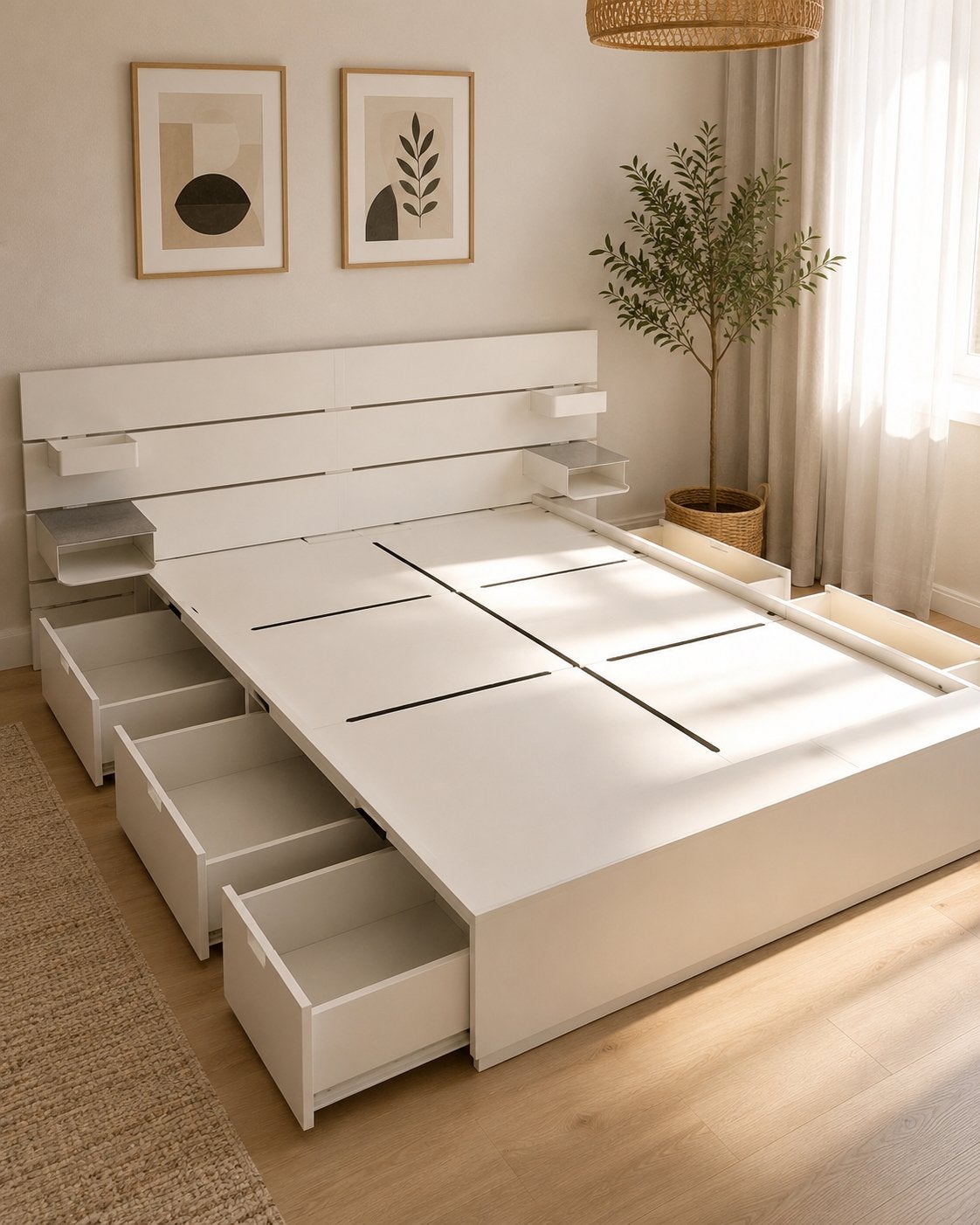 IKEA Nordli bed met hoofdeinde en opbergruimte, Ophalen, Wit, Tweepersoons, Zo goed als nieuw
