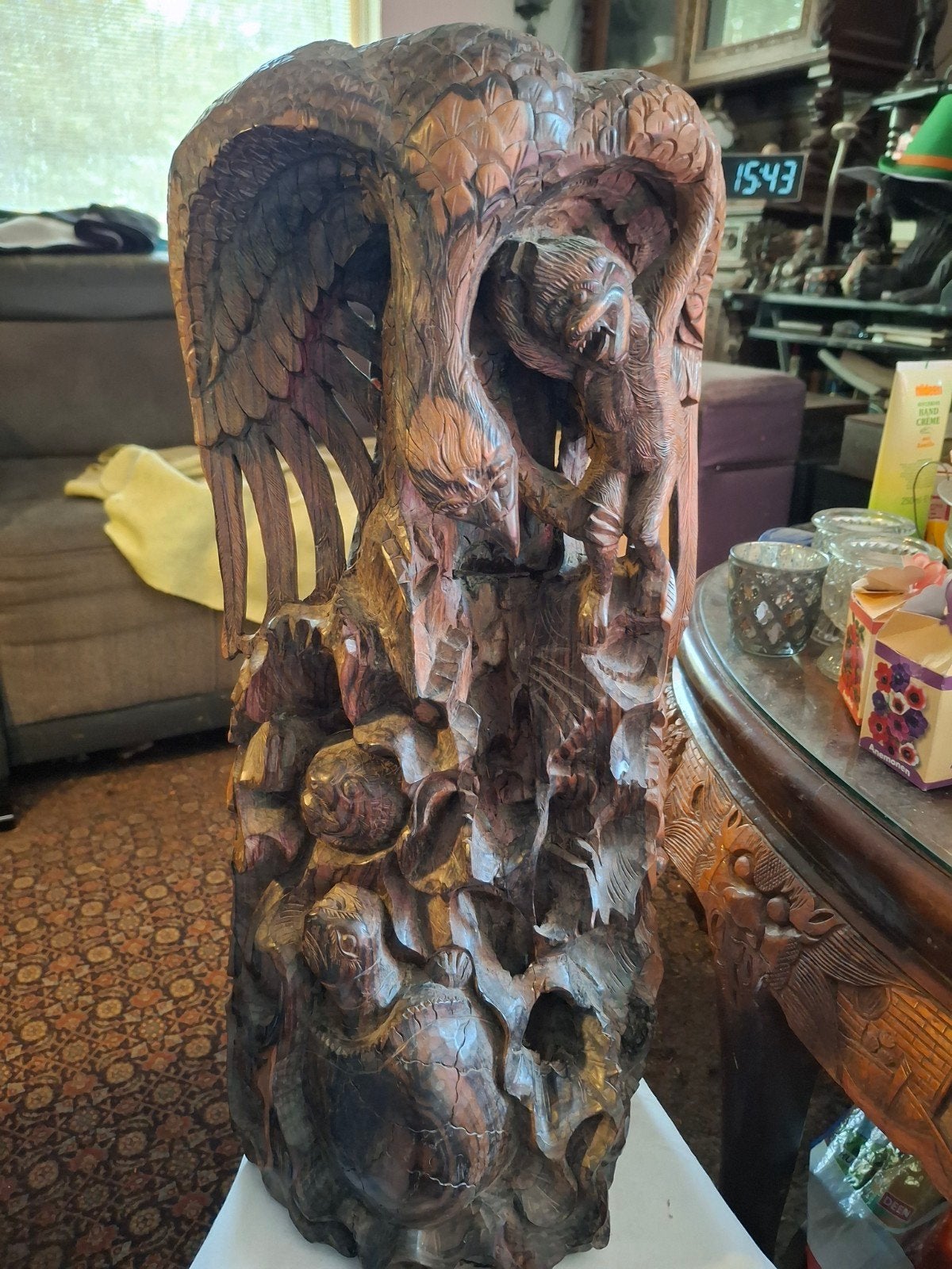 Uniek handgesneden houten beeld van adelaar en beer, Ophalen, 50 - 100 cm, Beeld, Hout