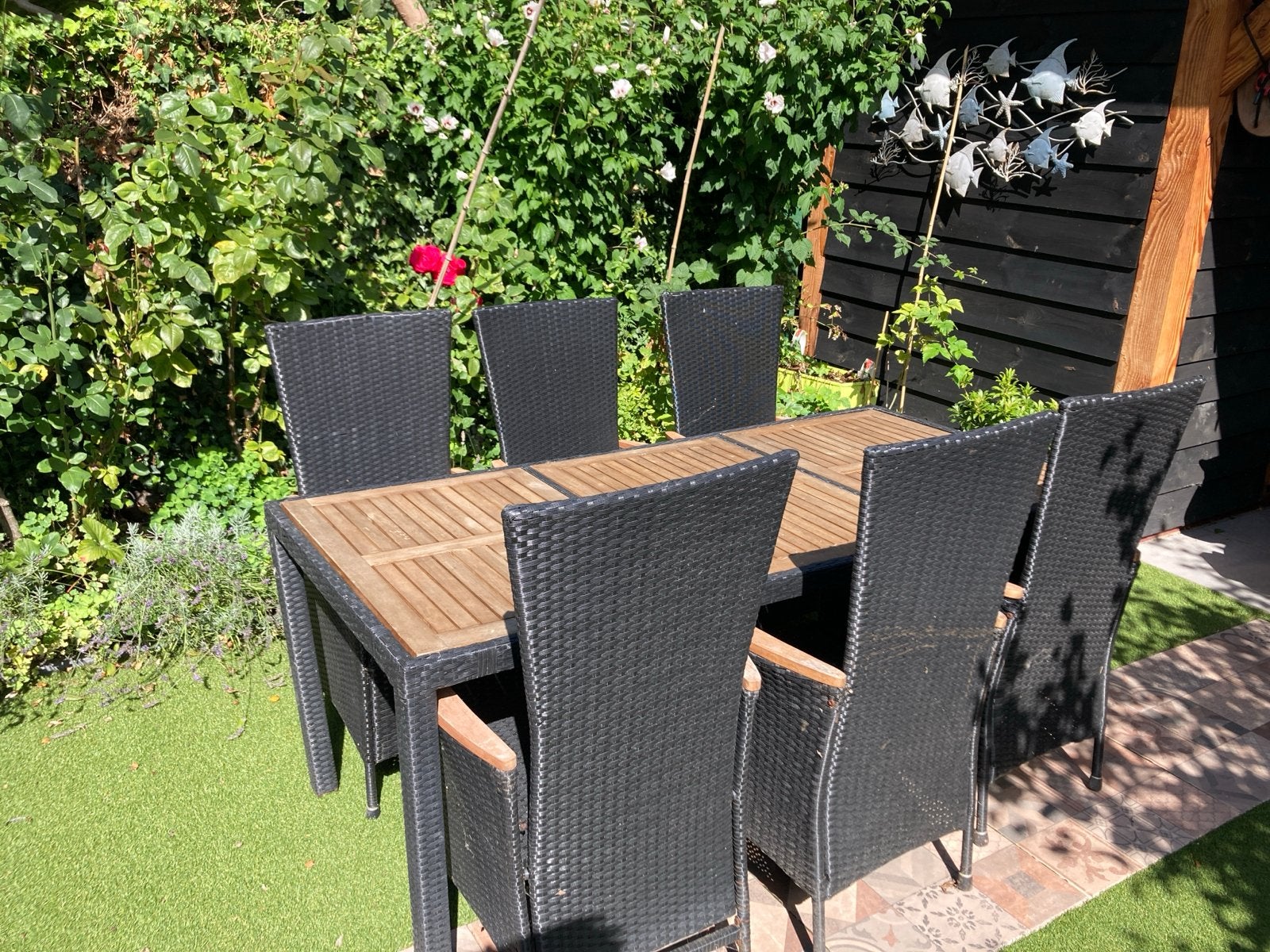 Complete tuinset met tafel en 8 stoelen, incl. hoes & kussen, Ophalen, Kunststof, Gebruikt, Eettafel