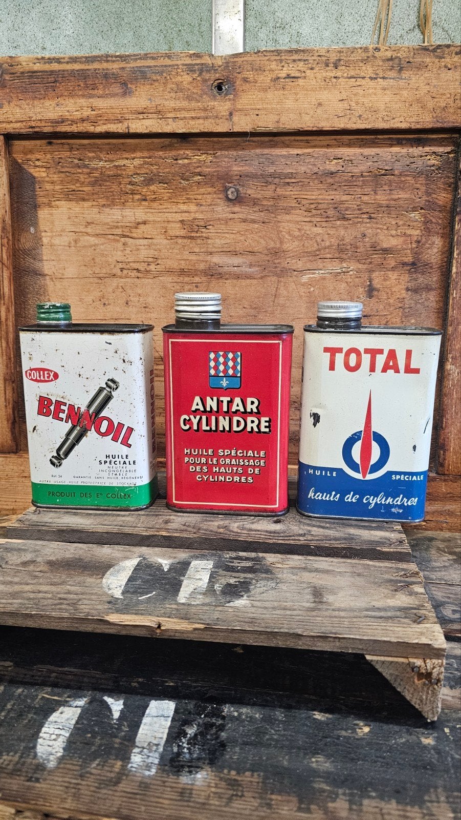 3x olieblikken 1liter antar total bennoil, Verzamelen, Blikken, Ophalen of Verzenden, Gebruikt, Overige