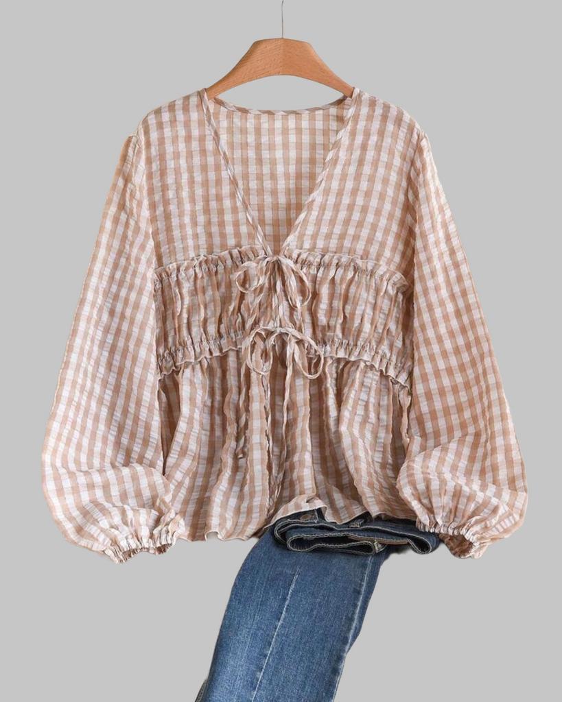 Geruite blouse met lange mouwen en strikdetails (44-52), Kleding | Dames, Grote Maten, Nieuw, Blouse of Tuniek, Beige, Verzenden