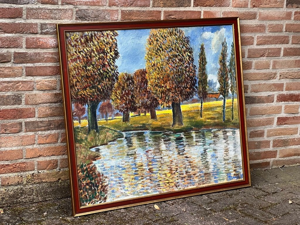 Olieverf herfstlandschap met water – gesigneerd Frans P., Ophalen, Doek, Impressionistisch, Landschap