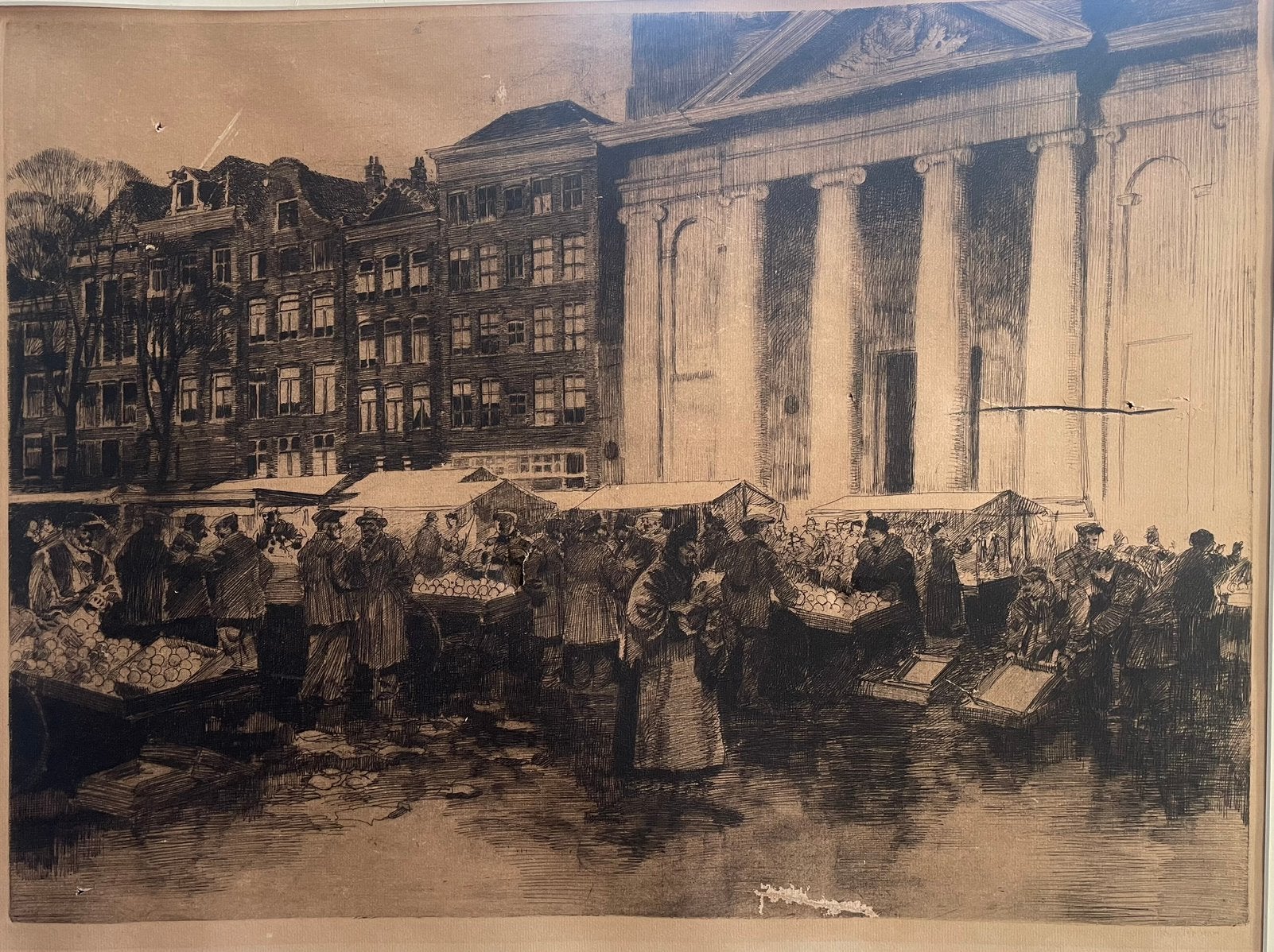 Ets markt Waterlooplein Amsterdam Mozes en Aäronkerk Rovers, Antiek en Kunst, 75 cm, Ets, Stadsgezicht, 56 cm