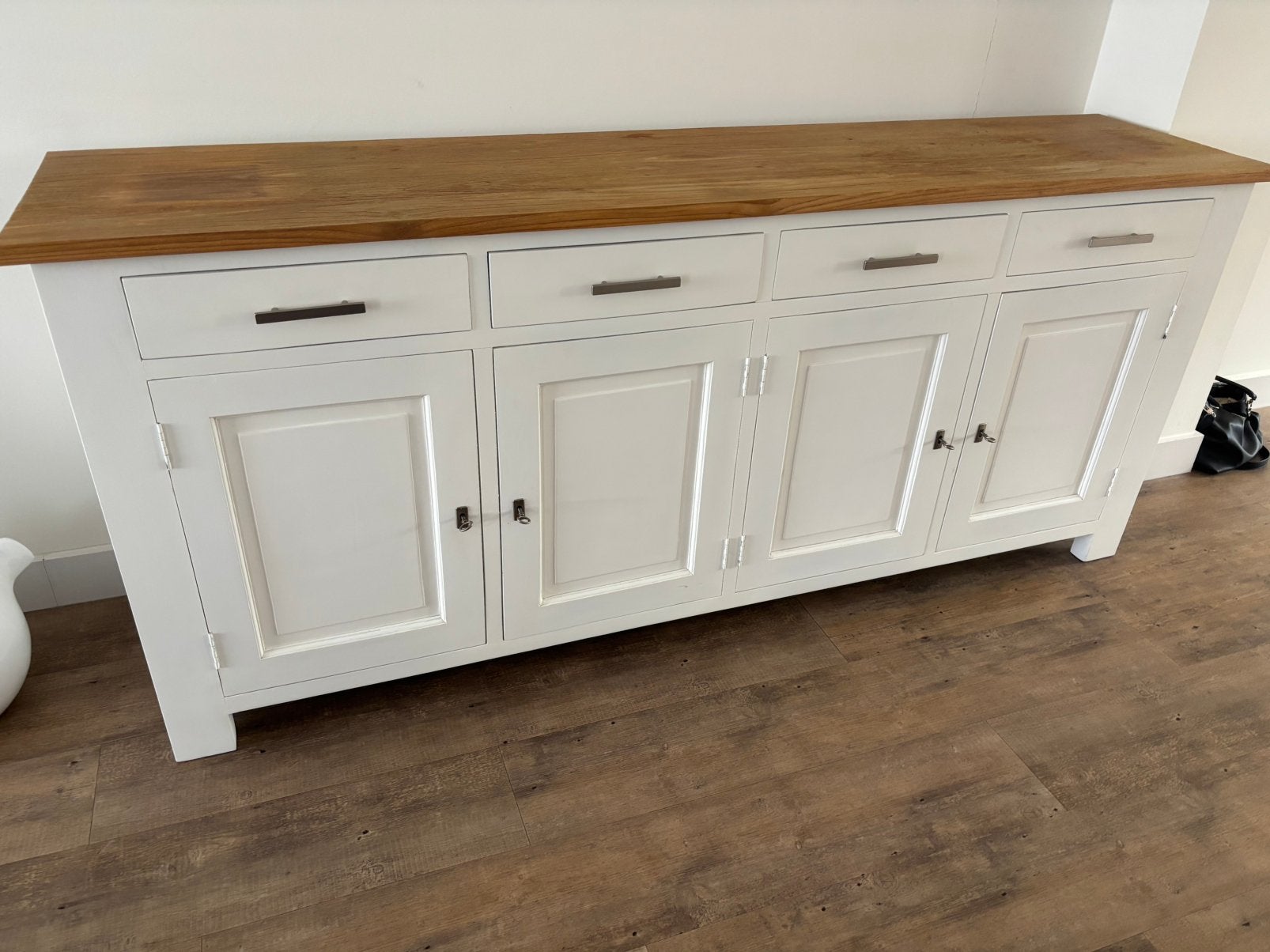 Mooi massief Dressoir wit met teakhouten blad, Ophalen, Landelijk/Modern, Gebruikt, 200 cm of meer