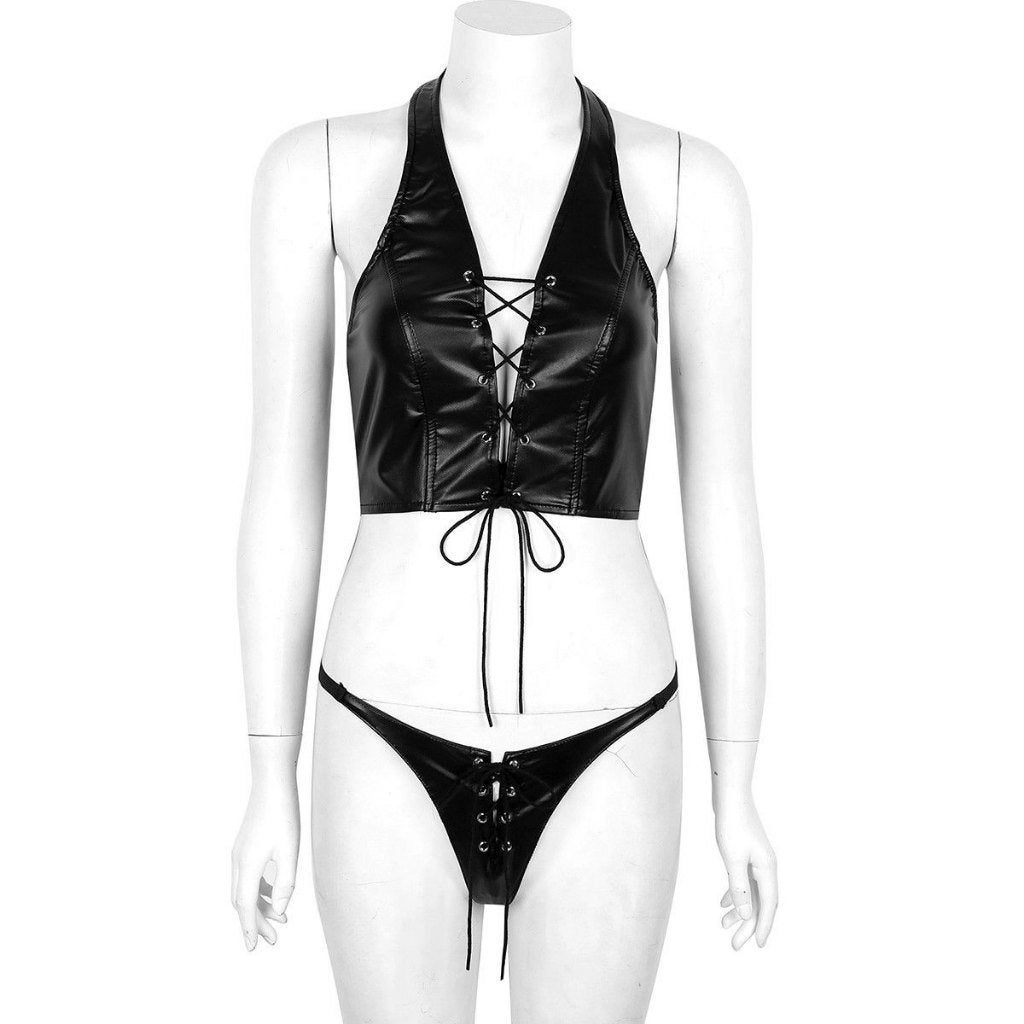 Zwarte leren veter BH en g-string, Kleding | Dames, Verzenden, Zwart, Setje