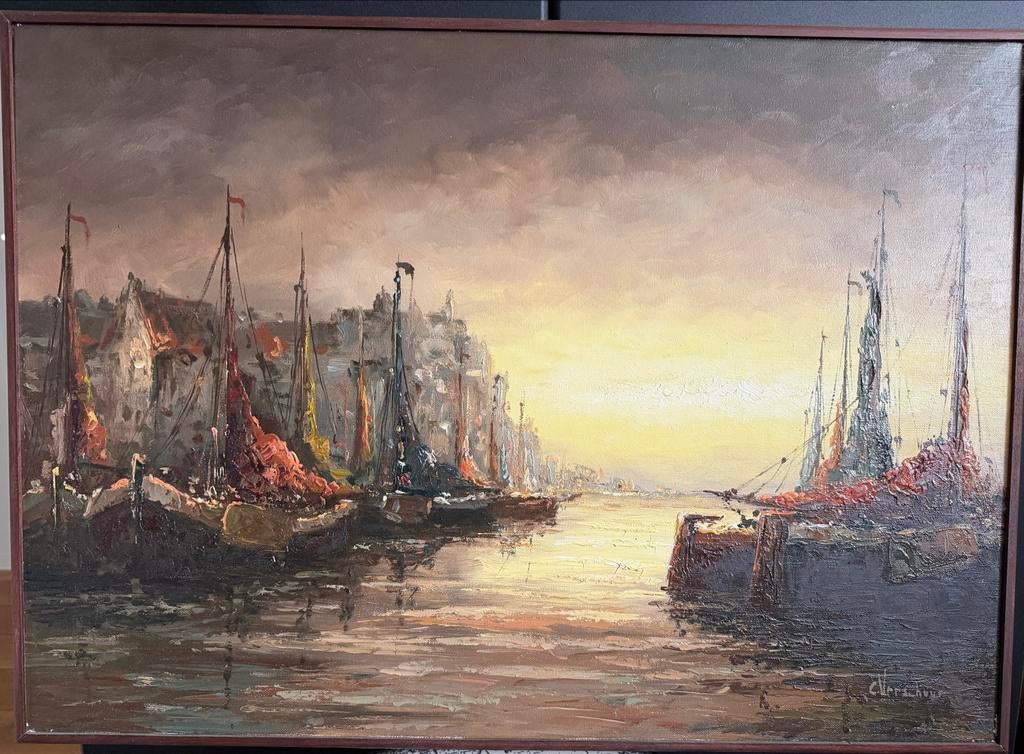 Sfeervol Havengezicht, unieke Cornelis Verschuur, Antiek en Kunst, Kunst | Schilderijen | Klassiek, Ophalen