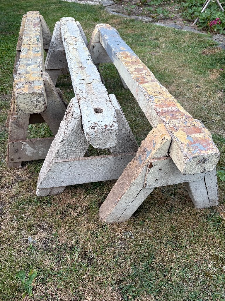 antike vintage houten schragen met bijzonder pitina, Ophalen