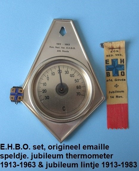 E.H.B.O. afd, Gouda, speldje, jubileum thermometer en lintje, Ophalen of Verzenden, Gebruikt