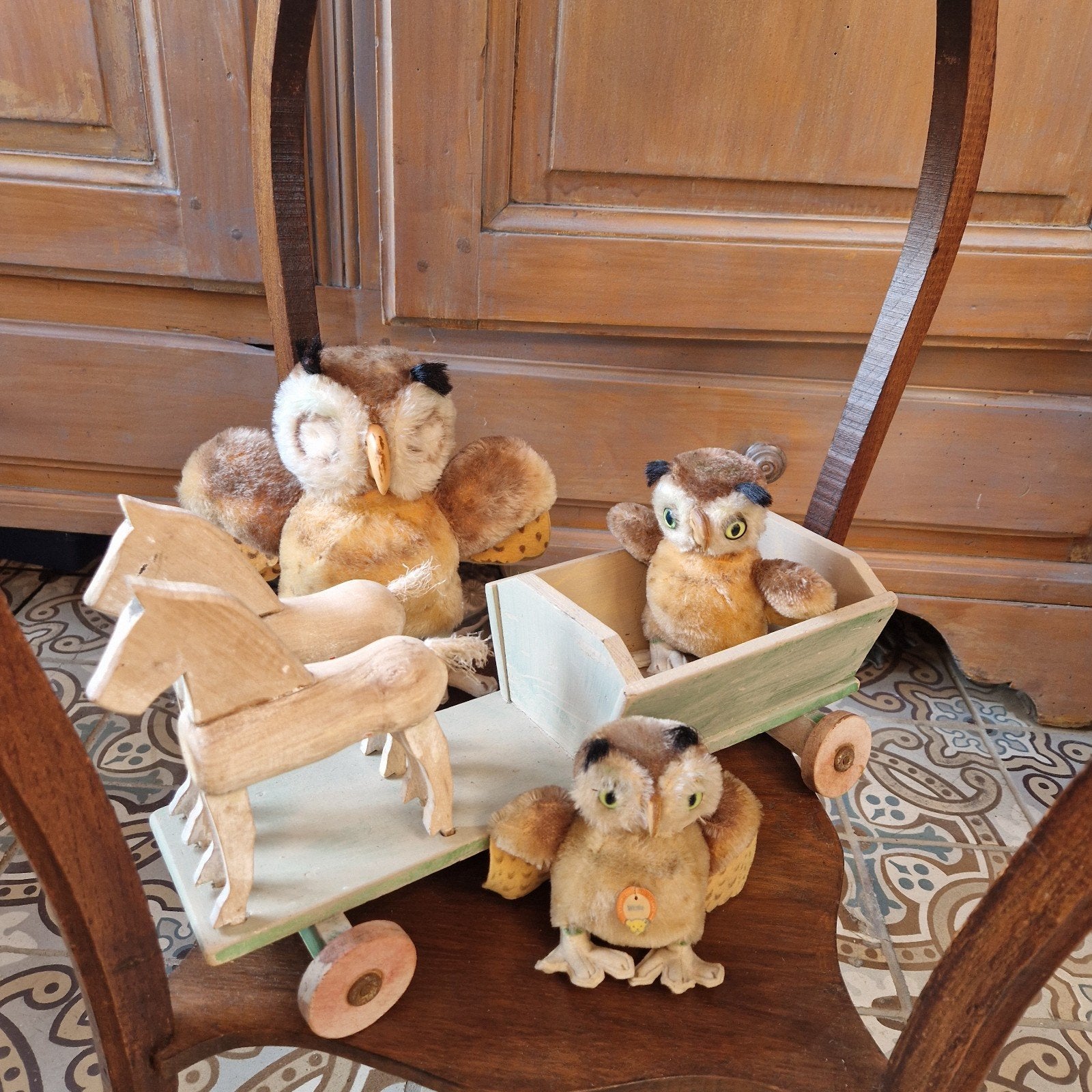 Houten karretje brocante oude speelgoed uiltje steiff, Ophalen of Verzenden