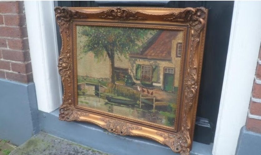 Schilderij olieverf Holland Baks boerderij landschap kippen, Doek, Oud hollands, Ophalen of Verzenden, Bijzondere lijst