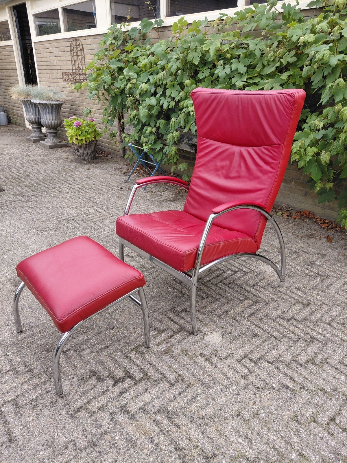 Design relaxfauteuil met hocker - leer - chroom, Ophalen, Gebruikt, 75 tot 100 cm, Modern
