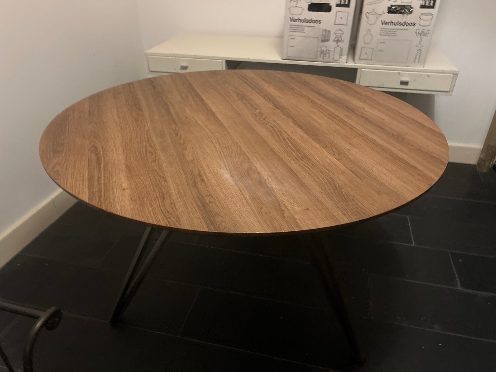Ronde eettafel met metalen driepoot, 120x76 cm, Ophalen, Gebruikt, 100 tot 150 cm, Rond
