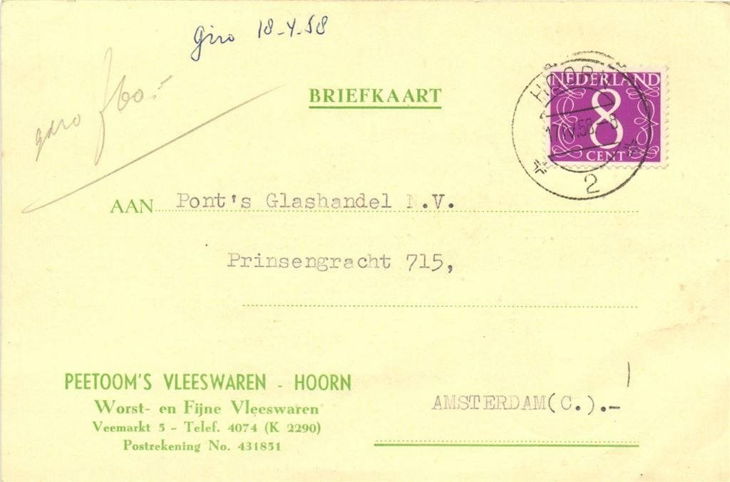 Peetoom Vleeswaren - Hoorn - 04.1958 - briefkaart, Ophalen of Verzenden, Briefkaart
