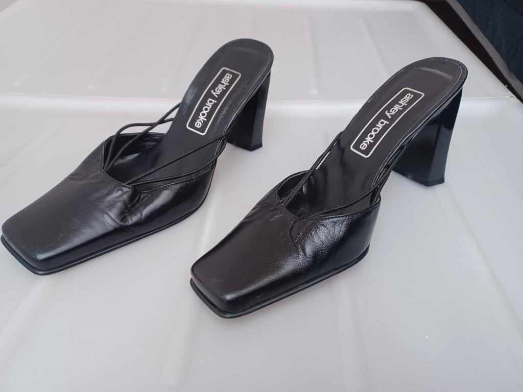 Ashley Brooke leren  zwarte muiltjes met hak, Zwart, Zo goed als nieuw, Asley Brooke, Sandalen of Muiltjes