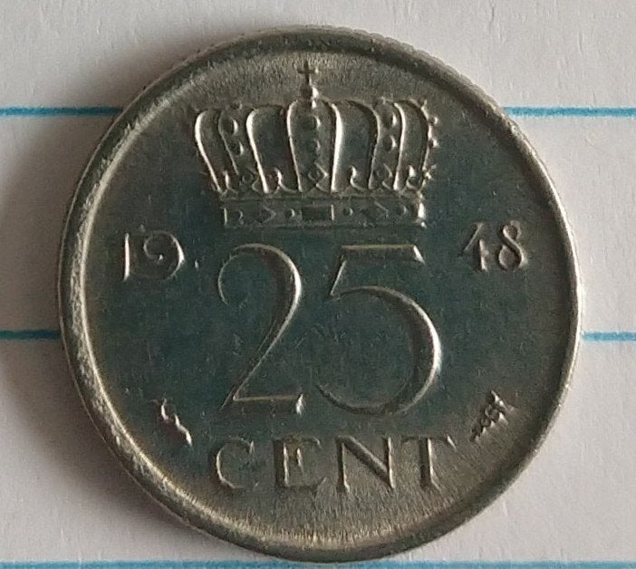 Nederland munt 1948, 25 cent, volgnr 4.3, Ophalen of Verzenden, Koningin Wilhelmina, 25 cent