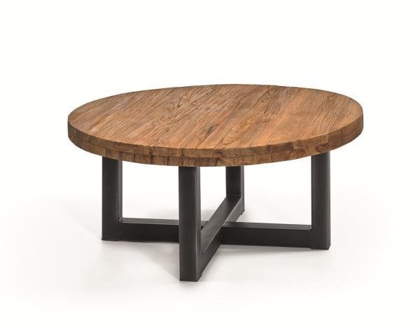 AFGEPRIJSD Showmodel Salontafel Teak + staal ø 100cm, stoer., Ophalen, 50 tot 100 cm, Teakhout, Rond