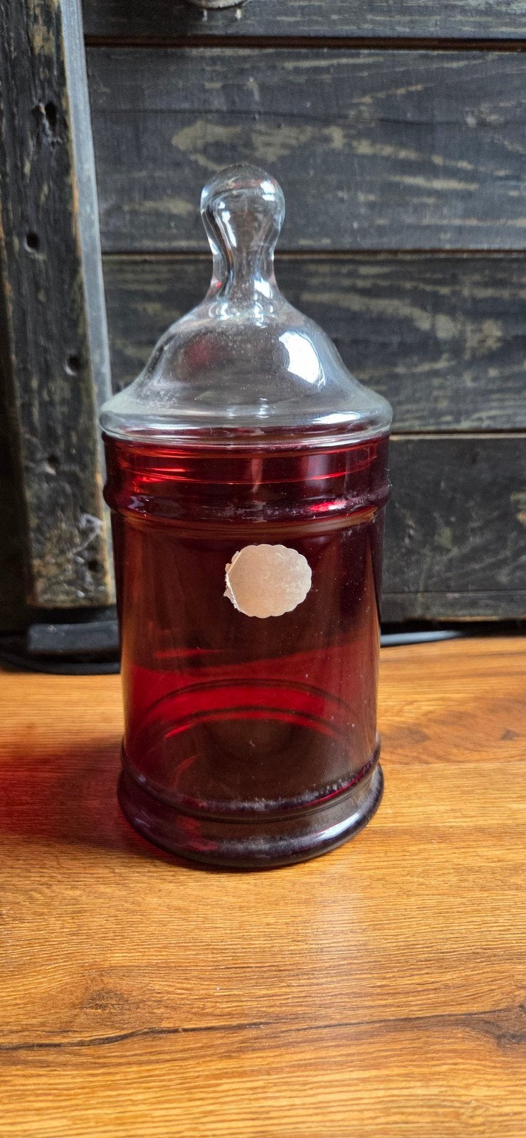 Vintage Robijnrode Glazen Voorraadpot met Deksel, Ophalen