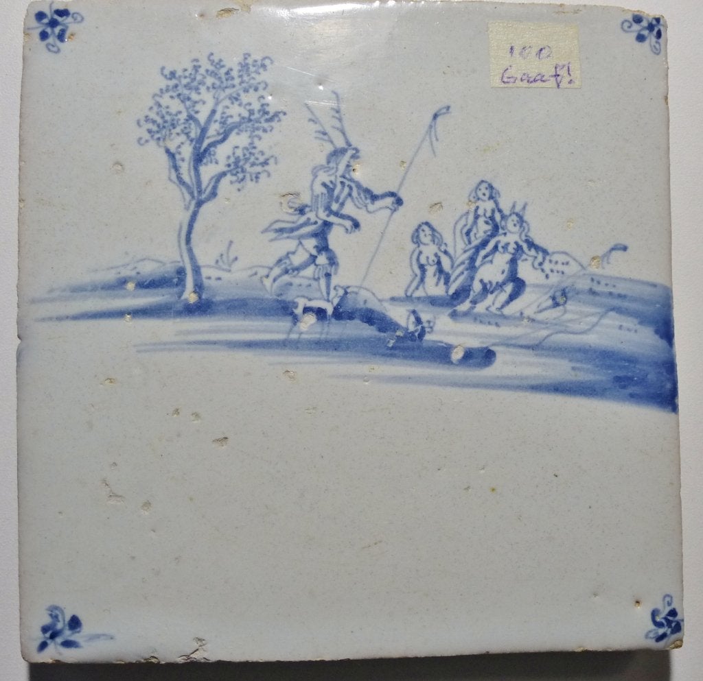 Prachtige 17e eeuwse Mythologische tegel met Actaeon!, Antiek en Kunst, Ophalen of Verzenden