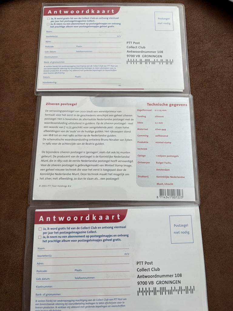 3x Zilveren Postzegel Nederland 2001 - PTT Post, Ophalen of Verzenden, Na 1940, Postfris