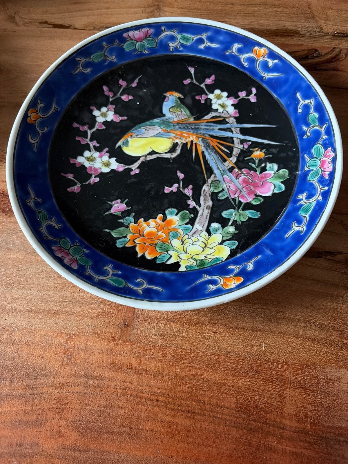 Vintage Japans decoratief bord met vogel en bloemen, Ophalen