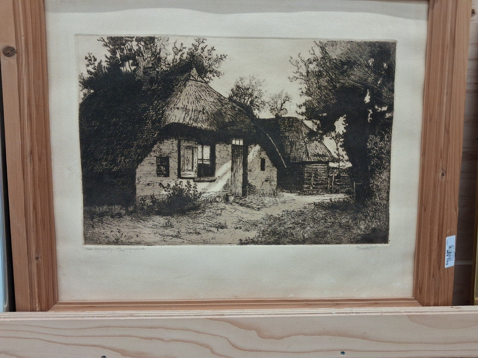 Ets van een boerderij met rieten dak, gesigneerd, Antiek en Kunst, Ophalen, Ets, Gesigneerd, Landschap