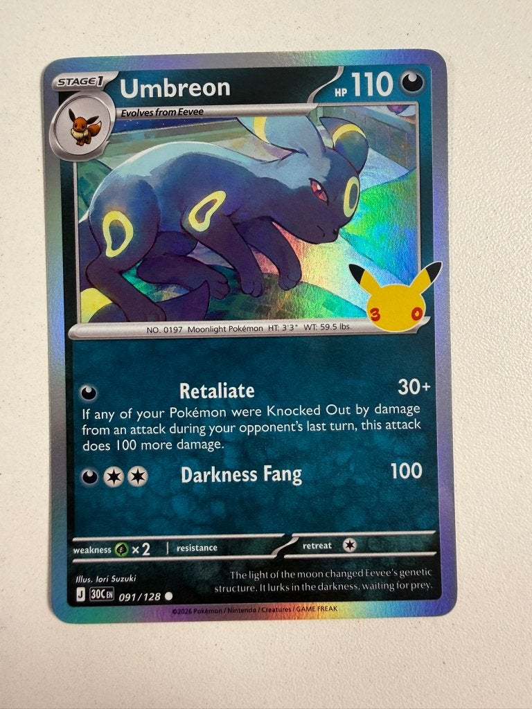 091/128 Umbreon 30th Celebration Pokemon Kaart, Ophalen of Verzenden, Nieuw, Losse kaart