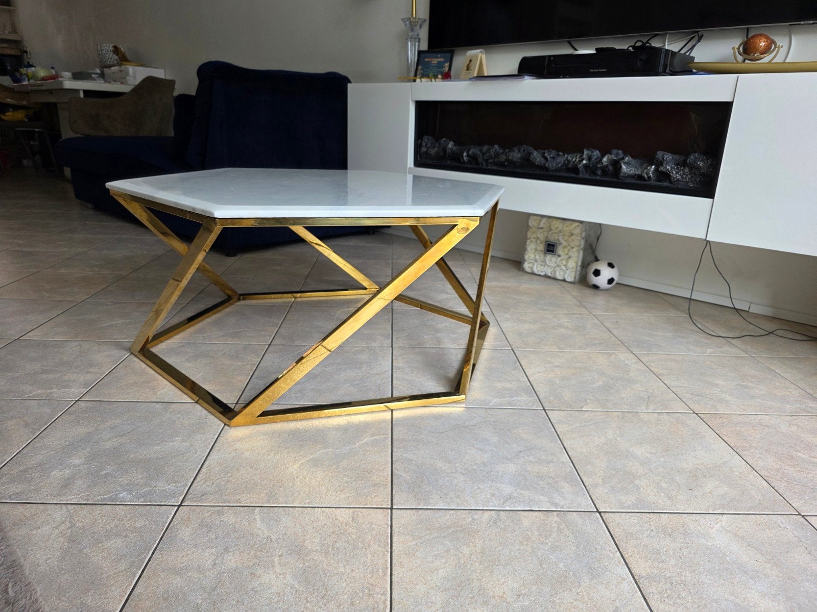 Salontafel met marmer blad en goud onderstel, Ophalen, 50 tot 100 cm, Rond, 50 tot 100 cm