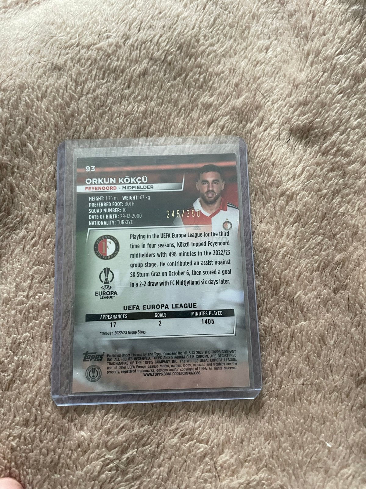 Orkun Kökcü Feyenoord Topps Stadium Chrome RC Kaart, Verzamelen, Ophalen of Verzenden, Zo goed als nieuw, Feyenoord, Spelerskaart