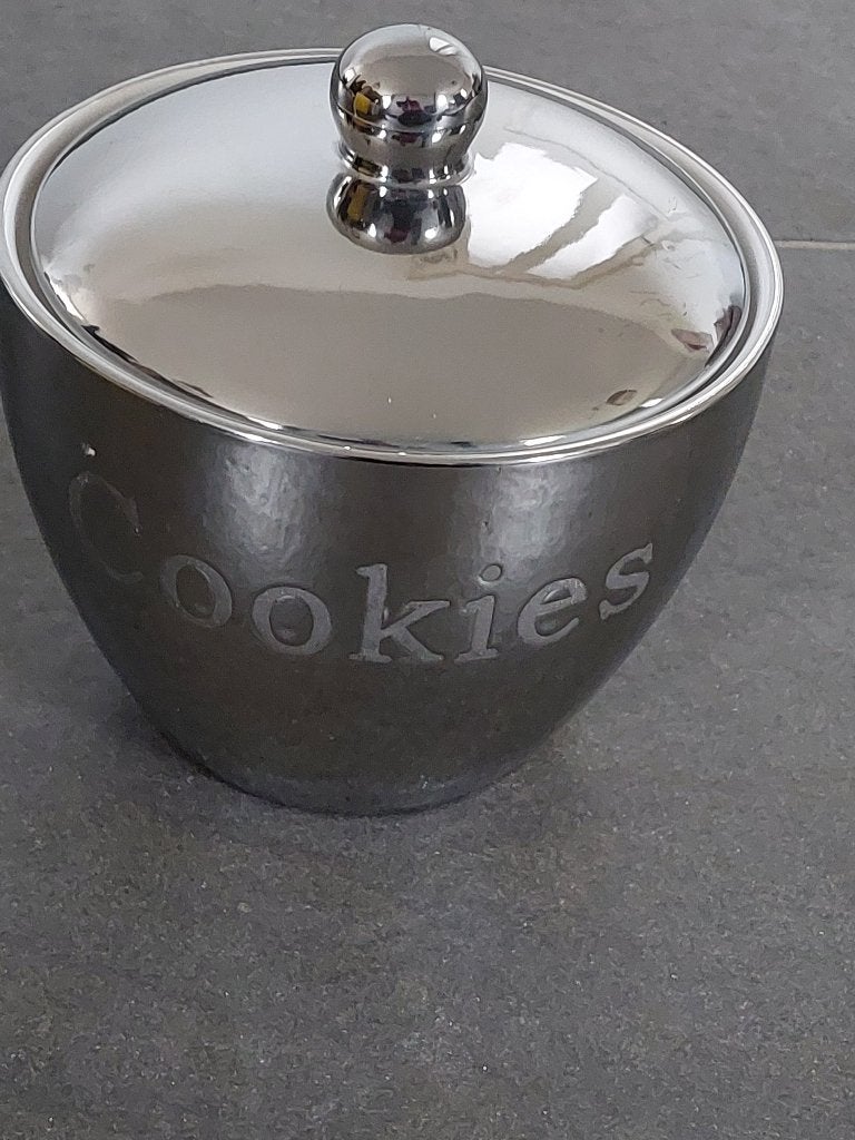 Cookies koekjespot snoep voorraadpot zilvergrijs glanzend, Overige typen, Zilver, Ophalen of Verzenden, Zo goed als nieuw