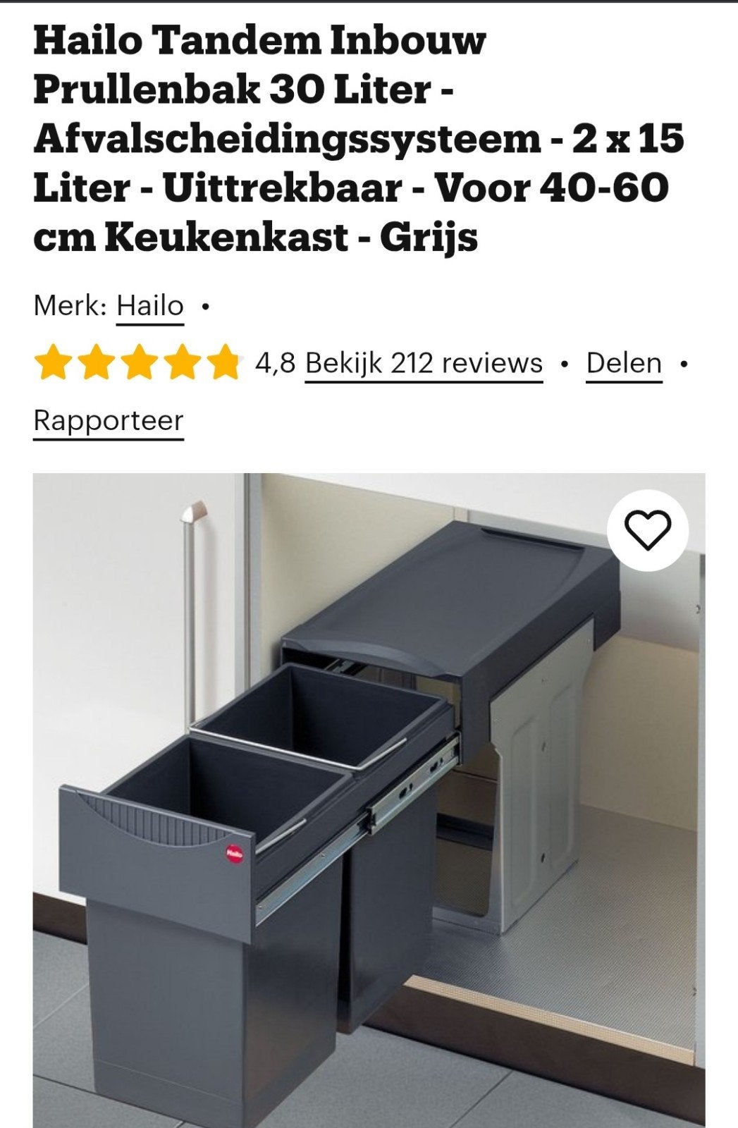 Nieuwe Hailo dubbele afvalbak voor in keukenkast, 30 tot 40 liter, Ophalen, Nieuw, Kunststof