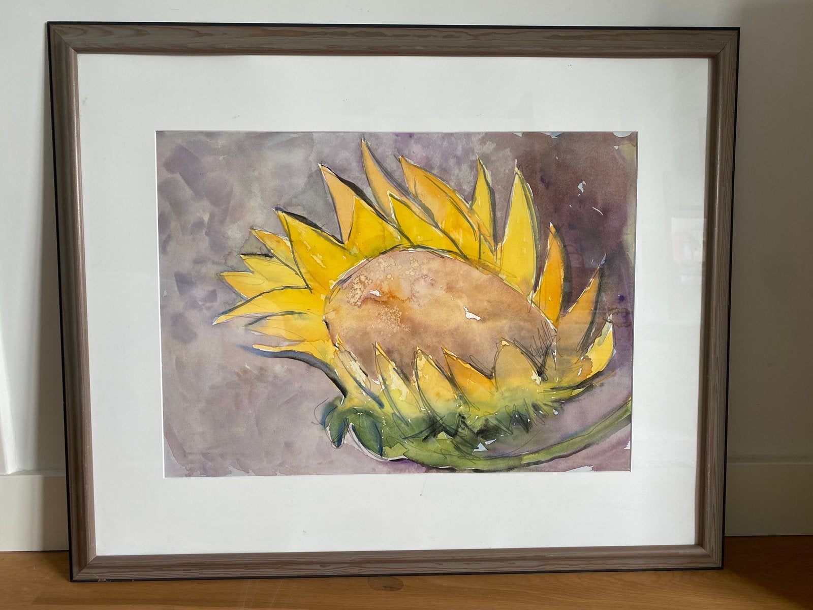 Aquarel  zonnebloem ingelijst, Ophalen, Aquarel, Handgeschilderd, Papier/karton