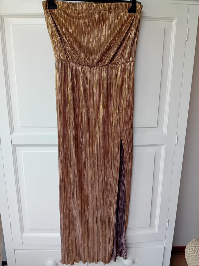 Gouden strapless avondjurk 40, Kleding | Dames, Gelegenheidskleding, Maat 38/40 (M), Galajurk, Overige kleuren, Verzenden