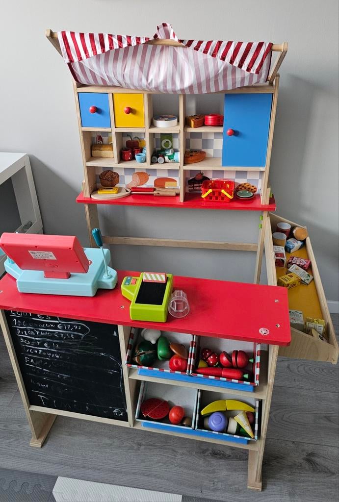 Houten Speelgoedwinkel met Kassa en Accessoires, Ophalen, Zo goed als nieuw, Bouwen