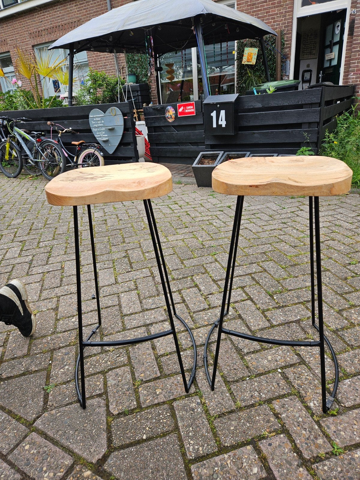 Set van 4 robuuste barkrukken met houten zitting, Ophalen, Gebruikt, In hoogte verstelbaar, 90 cm of meer