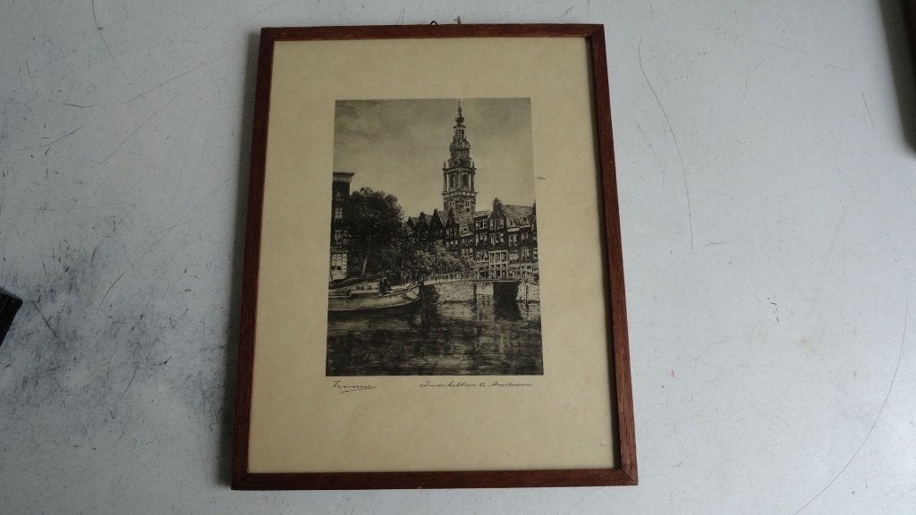 Originele ets Zuiderkerktoren Amsterdam Jan Zwerver, 26 cm, Ets, Stadsgezicht, Ophalen of Verzenden