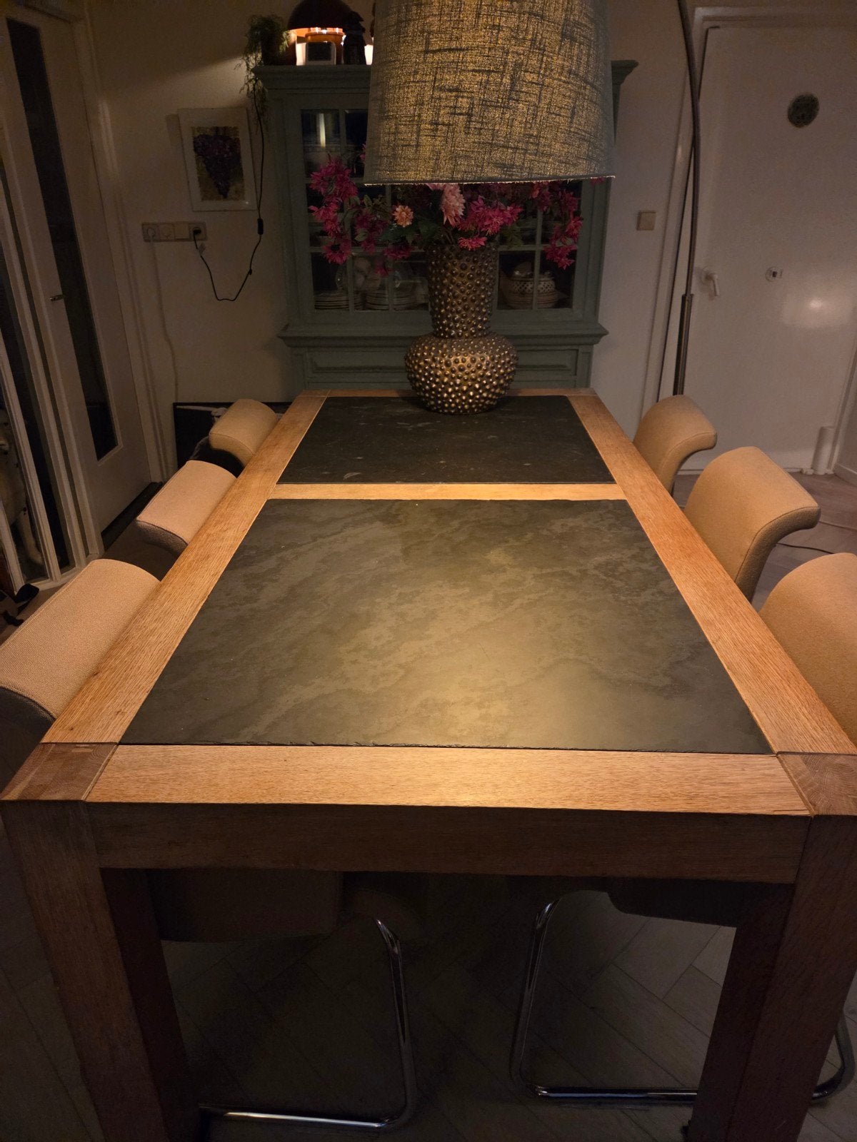 teakhouten eettafel met lei-stenen tafelblad !, Ophalen, Gebruikt, 50 tot 100 cm, 150 tot 200 cm