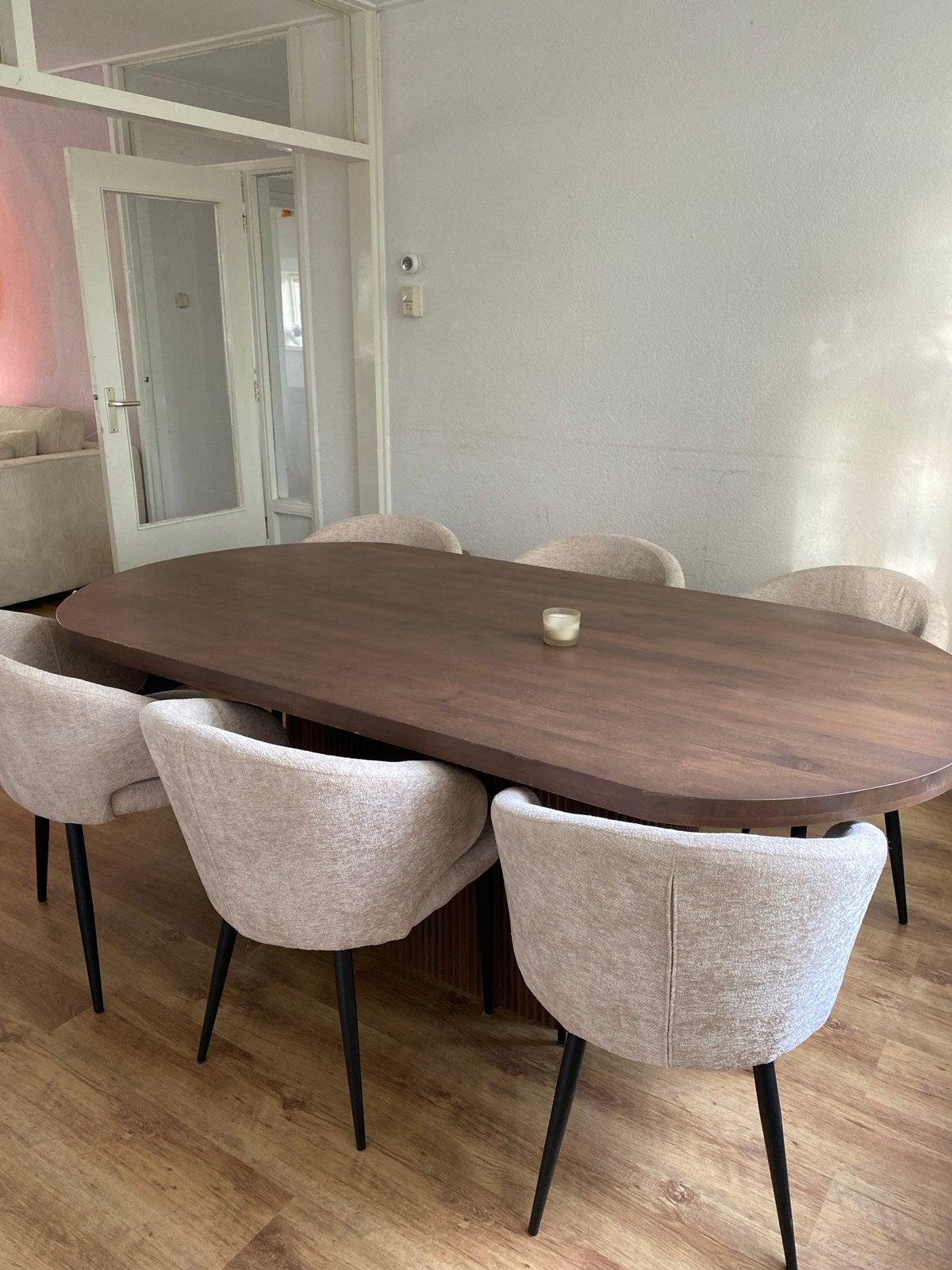 6 comfortabele beige eettafel stoelen, Ophalen, 100 tot 150 cm, Zo goed als nieuw, 150 tot 200 cm