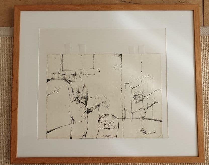 Pentekening door kunstenaar Gongola + lijst / gesigneerd, Ophalen, Handgemaakt