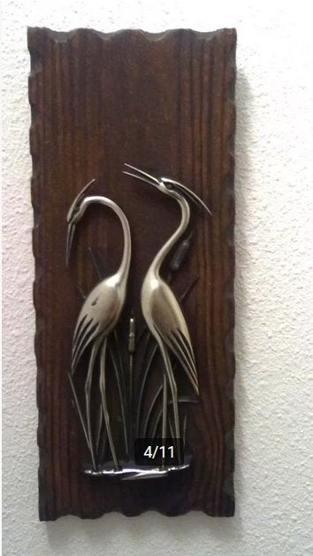 retro vintage wanddecoratie wandhanger reigers op hout, Wandsculptuur, Gebruikt, Hout, Ophalen of Verzenden